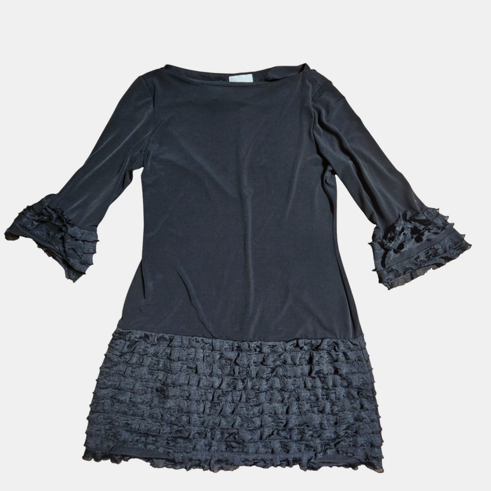 Donna Morgan Ruffle Cuff Hem Sheath Mini Dress 6P Boat Neck Classic Old Money‎